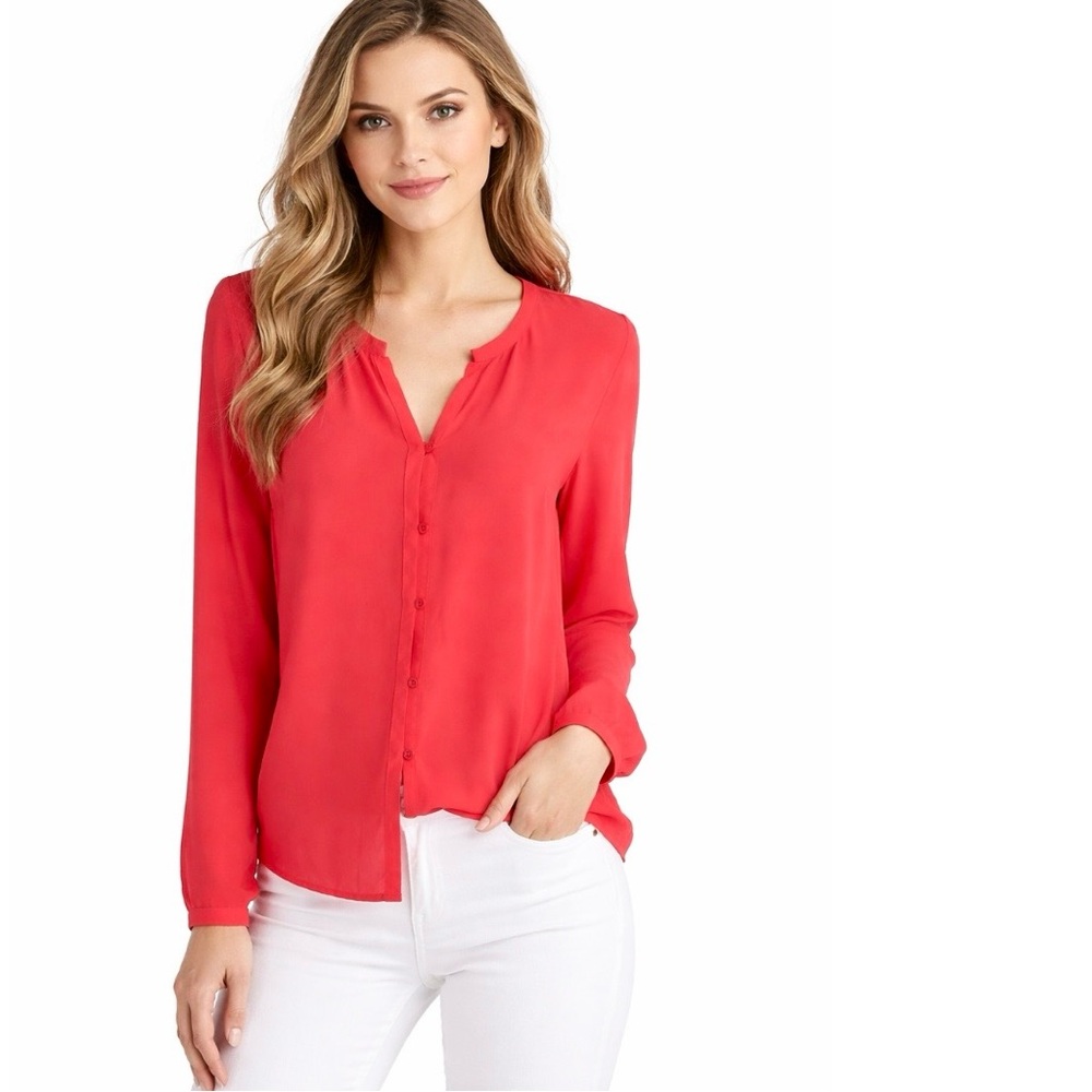Lands’ End Top Coral Red Split V-Neck Top Blouse 2 Chic Office Elegant Feminine